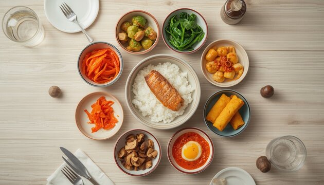 A Balanced Feast: A visually appealing arrangement of diverse dishes, featuring rice, protein, and a vibrant assortment of vegetables, presented in small bowls surrounding a central dish.