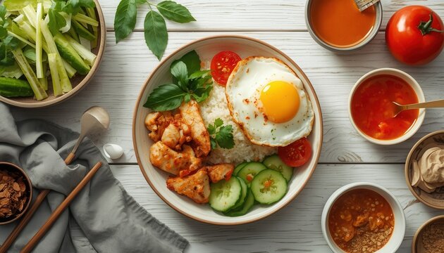 Asian Chicken Rice Bowl: A vibrant and appetizing chicken and rice bowl, adorned with a fried egg, fresh cucumber, tomato, and herbs.