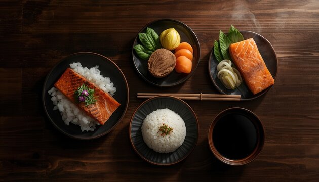Japanese Salmon Meal: A delicious and healthy Japanese salmon meal presented beautifully, featuring grilled salmon, rice, vegetables, and soy sauce, all set on a rustic wooden table.