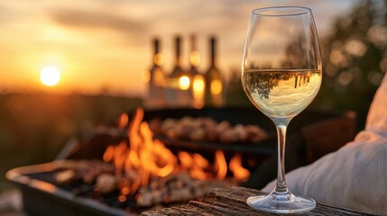 Obraz premium A glass of white wine is set on a wooden surface near a barbecue grill with flames, with bottles and a sunset in the background.