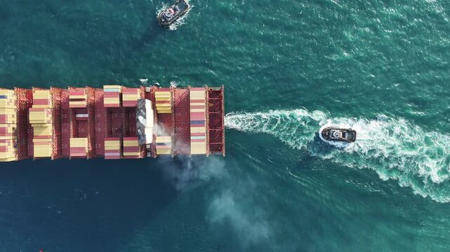Smoke exhaust gas emissions carbondioxide from cargo lagre ship container ship,Marine diesel engine exhaust gas from combustion, Gas Emission Air Pollution from transportation. green house effect Eco.