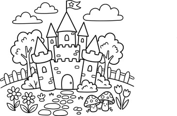 Fototapeta premium Enchanting castle coloring page a detailed illustration for creative kids and adults seeking a relaxing and magical artistic experience