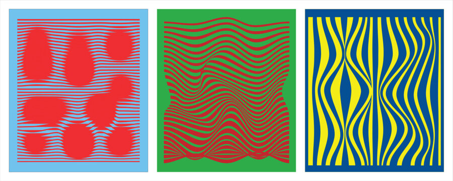 A set of three abstract geometric patterns featuring vibrant colors and wavy lines in a modern artistic style