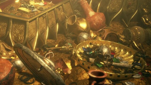 A large treasure chest is open, revealing a collection of gold coins, jewelry, and old artifacts. The setting looks like a hidden cave with rich details of ancient items scattered around.