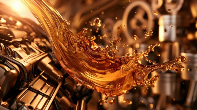 A rich, golden liquid pours dynamically from a container, splashing vibrantly amidst a metallic, industrial background.