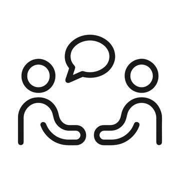 Communication icon, two people talking with a speech bubble, simple line art symbol for conversation and dialogue