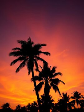 Retro-style palm tree silhouette against sunset sky, sunset, summer