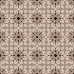 Fototapeta premium Brown and beige floral pattern repeats across a seamless surface. Symmetrical shapes form a decorative, vintage-inspired design. Soft tones give a warm, earthy aesthetic suitable for various projects