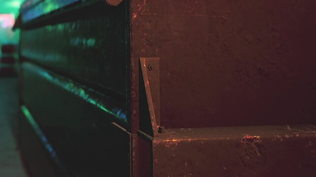 A close view of a dumpster in an urban area taken at night. The colors from streetlights create a mix of shadows and light, showing the texture of the dumpster.