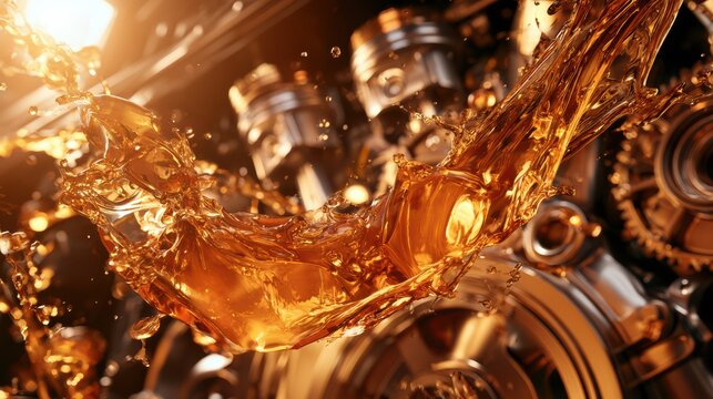 A golden fluid splashes dynamically over shiny mechanical engine parts, illustrating lubrication and industrial motion in a high-tech environment.