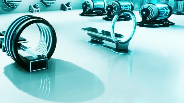 Several modern design objects placed on a shiny floor. The objects have unique shapes and are illuminated with bright lighting. The space looks very futuristic.