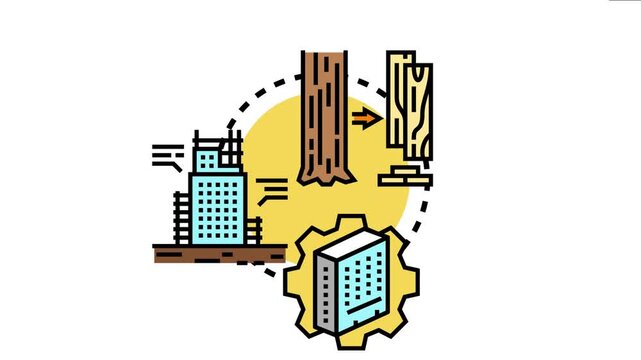 Illustration outlining the building construction process. Showing wood sourcing from trees. Material processing. Initial structural framework development. And final architectural design implementation