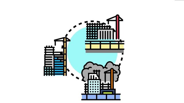 Building construction site concept illustrates the ongoing development of urban infrastructure. Showcasing processes from new builds with cranes to deconstruction of old structures