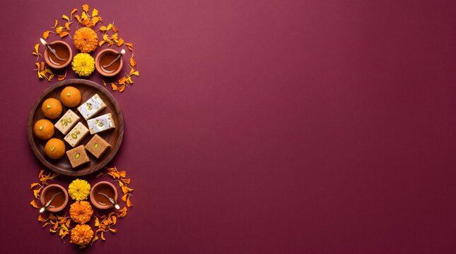 Diwali Sweets with Diya Lamps and Marigolds on Maroon Background