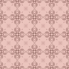 Fototapeta premium Soft geometric pattern repeats across a muted pink background. Symmetrical shapes interlock in a harmonious, repeating design. Delicate curves form a cohesive, elegant visual rhythm