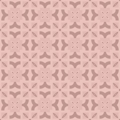 Fototapeta premium Soft pink background with repeating geometric patterns. Each motif features four curved segments arranged symmetrically. Centered design has a subtle cross-like detail