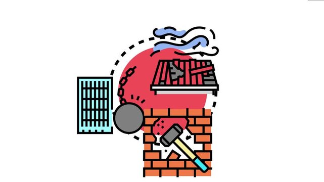 Building damage concept roof destruction, wall demolition with a sledgehammer, and a wrecking ball impacting structural elements for renovation or disaster recovery