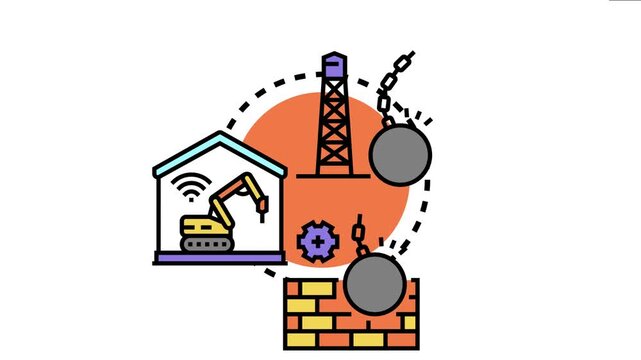 Building damage and demolition displaying construction processes. A wrecking ball breaking a brick wall. An excavator working