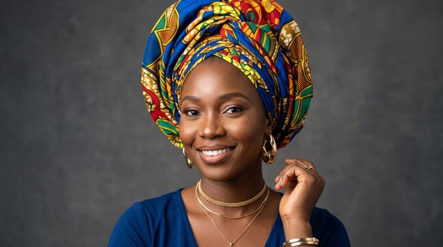 Smiling african woman wearing a vibrant traditional headwrap