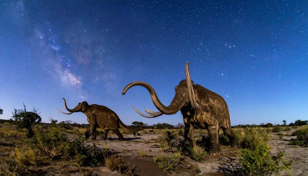 Woolly Mammoths Roaming Under a Starry Night Sky.