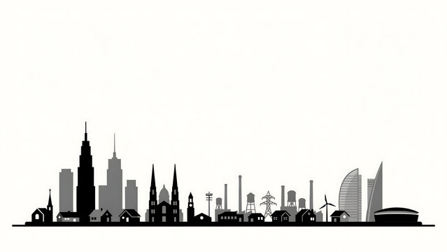 A minimalist black city skyline silhouette isolated on white background. Perfect for urban architecture themes or modern real estate design projects.