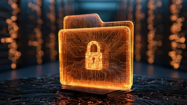 A glowing digital folder with a padlock icon signifies data security and cyber protection in a futuristic, tech-inspired setting.