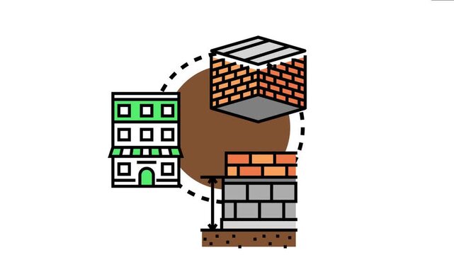 Building homes concept icon representing the sequential phases of property development, from foundation establishment to finished residential structures and future growth