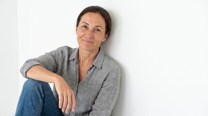 Obraz premium Smiling middle aged woman leaning against white wall