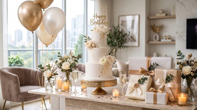 Elegant three-tiered white birthday cake decorated with flowers at a luxury party.