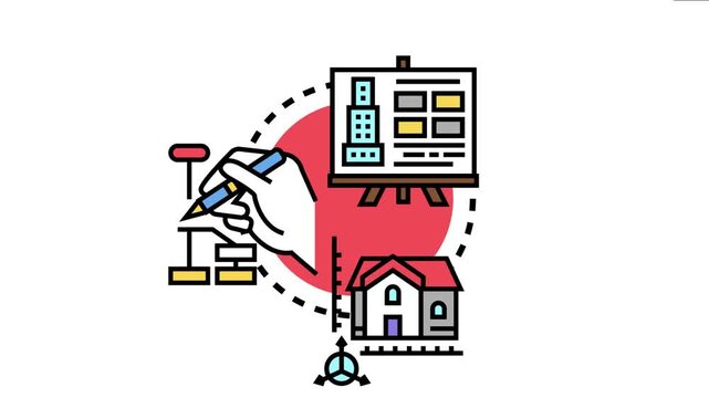 Architect drawing new construction blueprints and creating a masterplan for residential house building with urban development concepts on a whiteboard