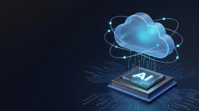 Cloud computing server hosting artificial intelligence microchip representing advanced machine learning and digital storage solutions.