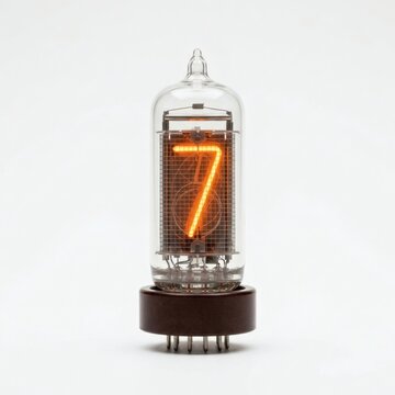 A glowing Nixie tube displaying the number seven on a plain white background, showcasing vintage electronic technology.