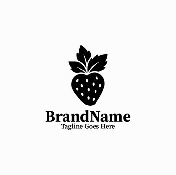 Black image vector logo of healthy strawberry fruit with stem and leaves on white background