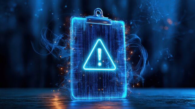 A glowing digital clipboard displays a holographic warning symbol, surrounded by ethereal blue light and futuristic data streams.
