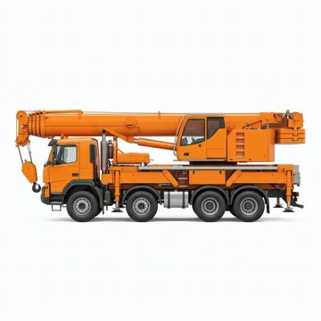 Side view of a large orange mobile crane truck with its boom extended, ready for heavy lifting operations.