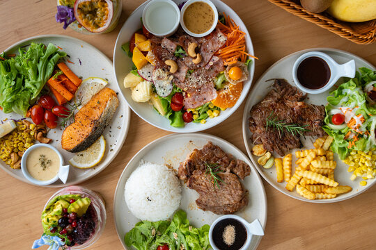 Variety of fusion food for lunch.Top looking down.