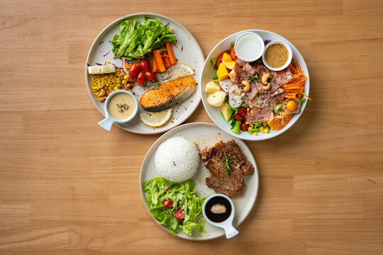 Variety of fusion food for lunch.Top looking down.
