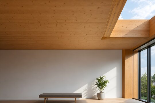 Cross laminated timber office interior with skylight