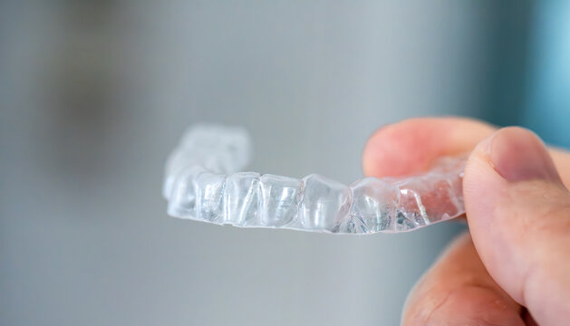  clear aligners device in the mouth on a white background. (invisalign)