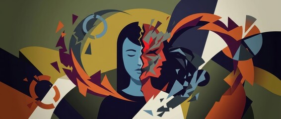 Obraz premium Mental health concept featuring a fractured human face with emotional split and inner turmoil