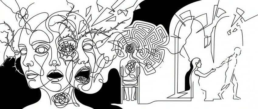 Mental health concept with abstract line art showing emotional struggle and inner turmoil