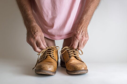 A close-up of hands tying shoelaces on classic brown shoes with a soft focus background showcasing a casual yet stylish look. Perfect for footwear fashion and lifestyle themes. Generative AI