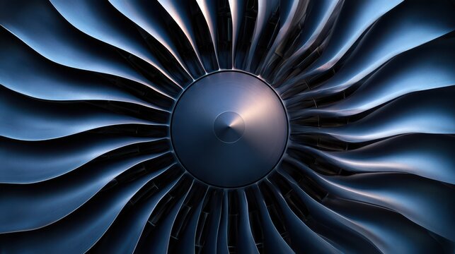 Close-up of a jet engine turbine showing detailed metallic blades arranged in a circular pattern with a sleek, reflective surface.