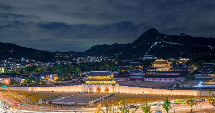 The most beautiful Viewpoint gyeongbokgung palace,
panoramic, tourist attractions in the city park of seoul City,
 Asia business concept image,panoramic modern cityscape building in korea. 
