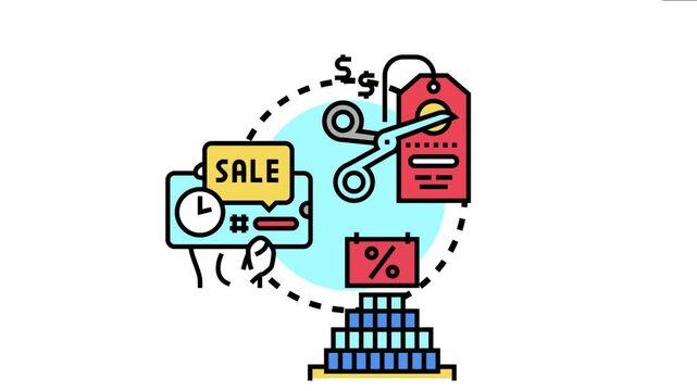 Illustration conceptualizing sales events and promotional strategies, depicting a hand holding a smartphone with a sale banner, scissors cutting a price tag, and a pyramid of discount boxes