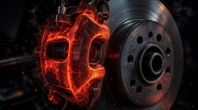 A glowing red brake caliper mounted on a metallic disc brake rotor, highlighting intense heat and friction during braking.