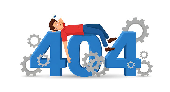 404 error page with gear icons and flag