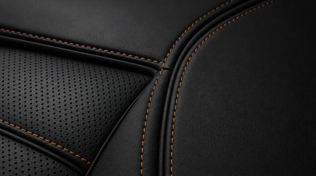 Close-up of black leather upholstery with detailed orange stitching and perforated texture on one side.
