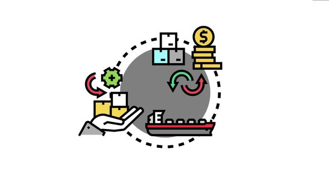 Global logistics concept bulk commodity distribution involving cargo shipping, financial transactions, and inventory management within a streamlined supply chain network