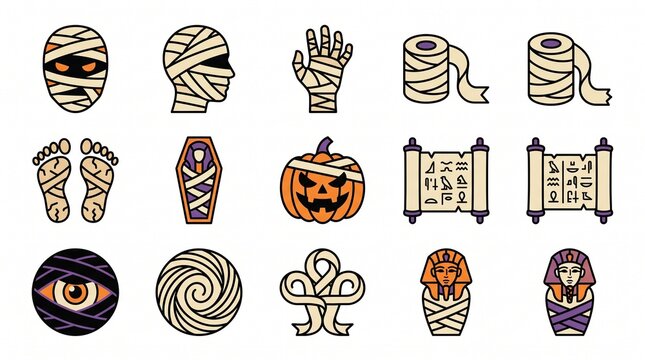 Adorable mummy character standing beside a smiling jack o lantern pumpkin with sparkles on white background for Halloween celebration